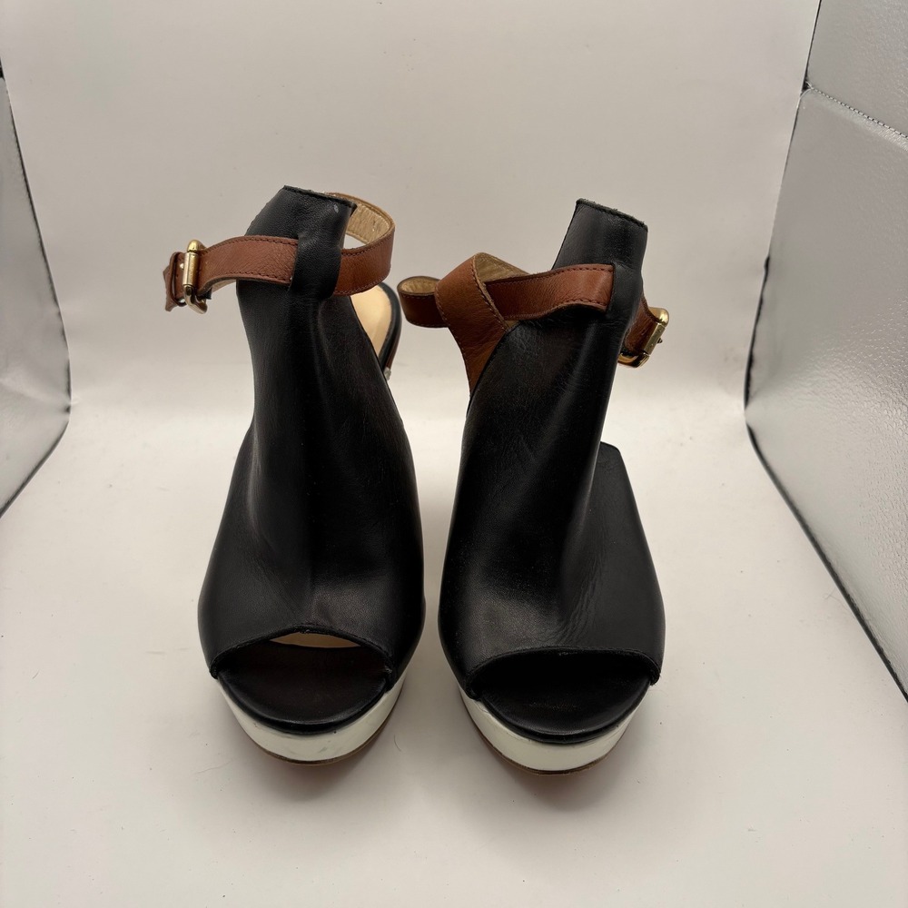 Sesto Meucci Womens Black Brown Leather Platform Wedge Sandals Made in Italy